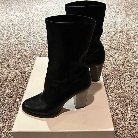 Jimmy Choo Shoes - Jimmy Choo Articolo Embossed Print Black Boots 37.5 Black Mirrored Heel Like New